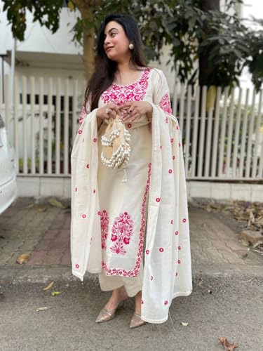 ANNI DESIGNER Kurta droit brodé rayonne viscose femme avec pantalon et dupatta, crème, 5XL – vue 6