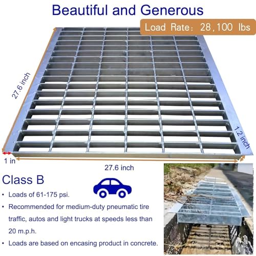 Image of Galvanized Steel Drain Grate with Lip 28x28 in, B-Class 28100 lbs Heavy-Duty Driveway Channel Cover w /Base, Outdoor Trench Drainage Grate, Silver Square Metal Sewer Cover for Garage
