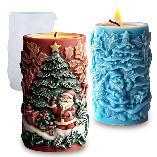 Wehous Christmas Candle Molds 3D Embossed Santa Tree Holly Cylinder Silicone Molds for Resin Candle Soap Wax Christmas Ornament Fondant Chocolate Dessert Mold Art Craft Xmas Decor (Santa & Tree)