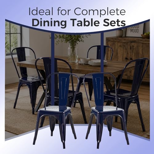 Image of Metal Dining Chairs with Backrest, Stackable, Dark Blue, 12 Pack | Easy Assembly, Non-Slip Feet, 330 lb Capacity, Kitchen, Restaurant, Cafe, Pub, Covered Patio