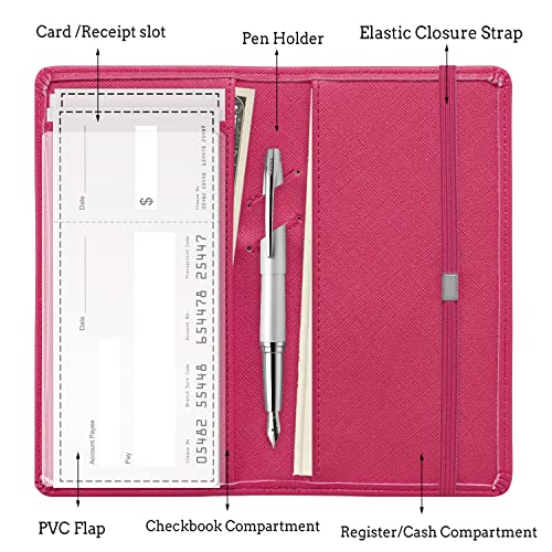 Image of LOLOMLO Checkbook Cover for Duplicate Checks, Stripes Criss Cross Embossed PU Leather Check Book Holder for Top Side Tear Register, RFID Blocking Wallet with Elastic Strap & Pen Slot, Hot Pink
