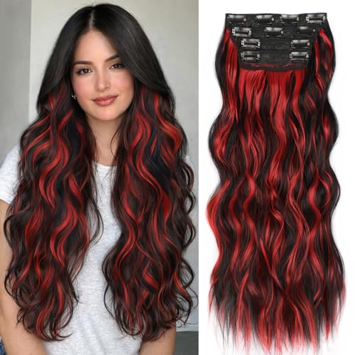 ALXNAN Clip in Long Wavy Hair Extension 20 Inch Black Red Highlights Hair Extensions 4PCS Thick Hairpieces Fiber Double Weft Hair for Women