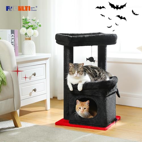 PEQULTI Cat Tree Gothic Cat Tower for Indoor Cats with Private Cozy Cat Condo, Natural Sisal Scratching Posts and Plush Pom-pom for Small Cats Black - Thumbnail 7