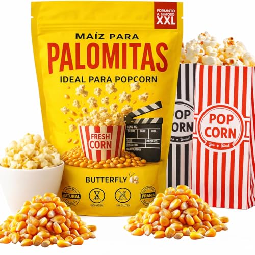 AF® - Maiz para Palomitas 1800g XXL – Popcorn Premium Butterfly Sin GMO, Natural y Sin Gluten | Bolsa Zip Resellable + 2 Bolsas Papel Cine | Palomitas Mantequilla, Dulces o con Flavacol