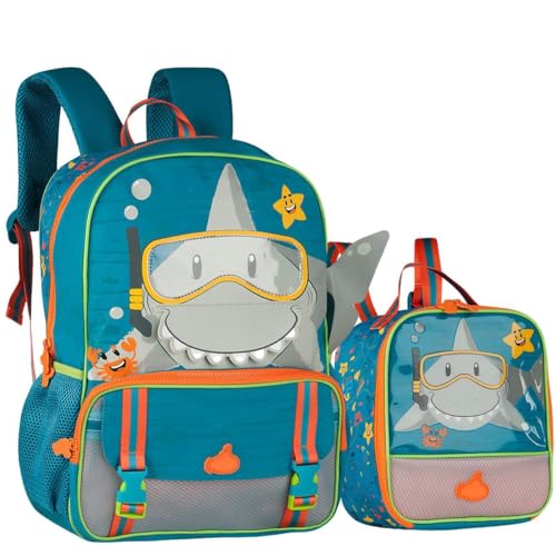 Conjunto Escolar Infantil Mochila e Lancheira Térmica, com Alças Acolchoadas e Bolsos Laterais, Material Reforçado, P/Meninos Criança, Estampa Divertida (Kit Escolar Tubarão Infantil)