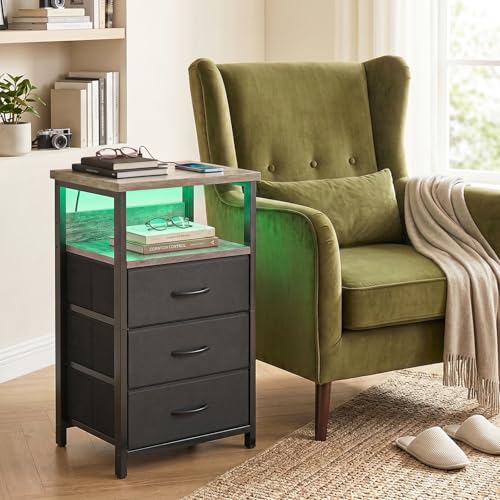 Image of Fixwal Night Stand with Charging Station, LED Nightstand with Fabric Drawers, End Table with PU Finish, Bed Side Table, French Oak