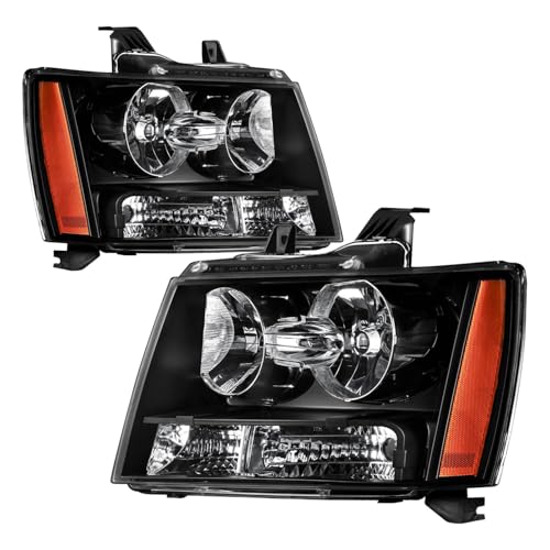 For 2007 2008 2009 2010 2011 2012 2013 2014 Chevy Tahoe Suburban 1500 Headlight Assembly Replacement for 07-13 Avalanche Suburban 2500 Head Lights Driver and Passenger Side, Black Housing Amber