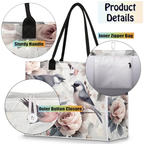 Art Bird Roses Tote Bag for Women Large Beach Bag Reusable Tote Bags for Work Travel Beach Shopping4