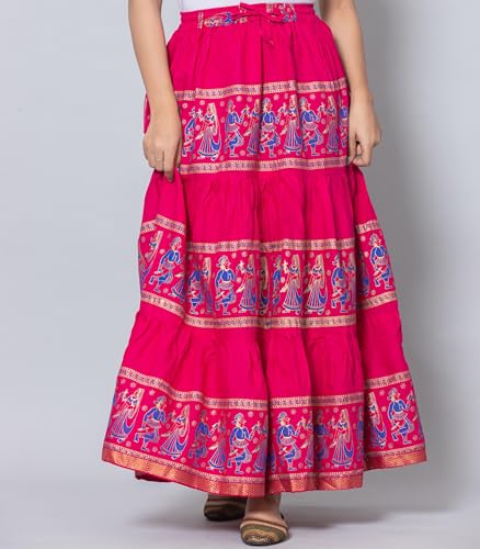 Image of Women's Cotton Printed Long Skirt | Ethnic Folk Print Tiered Maxi Skirt for Women | Elastic Waist Flared Boho Skirt | Traditional Casual for Women