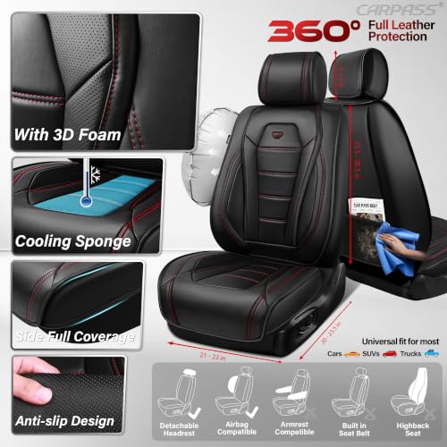 Image of CAR PASS Nappa Leather Car Seat Covers Full Set Faux Leather, Black | Luxury Nappa Leather,360 Full Protection,Water resistant,3D Foam Comfort,Scratch proof,Universal Fit for Most Cars SUV Truck