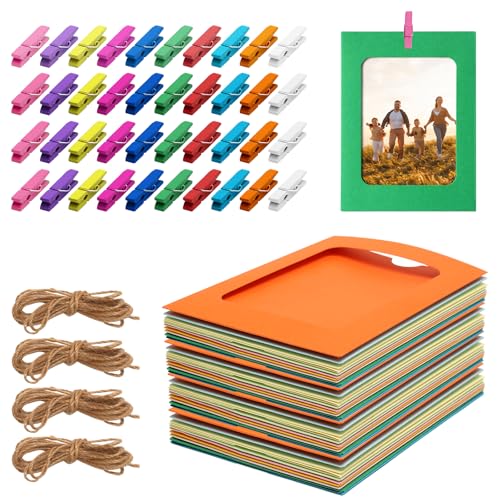 FcaecY 40 guirnaldas de fotos, guirnalda de fotos de 11,5 x 15,5 cm, marco de fotos de cartón con pinzas, marco de fotos de papel colorido para el hogar, escuela, oficina, decoración de pared