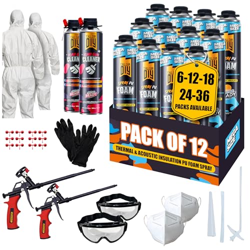 Closed Cell Spray Foam Insulation Kit (12 Pack - 36.6 oz) Expanding Foam for Thermal & Soundproofing - Including 2 Teflon-Coated Guns, 2 Cleaners, 2 Safety Suits, 2 Safety Glasses and Gloves