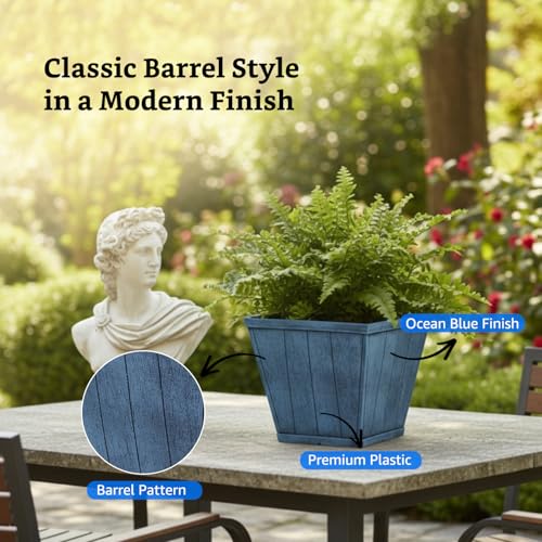 Image of Amazon Brand- Solimo Indoor and Outdoor Square 10 Inch Barrel Flower Planter Pot Best for Terrace /Balcony /Home /Office Decor - Set of 2