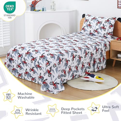 Image of Viviland 3 Pieces Boys Grey Twin Sheet Set - Soft Microfiber Fitted Flat Sheets & Pillowcase - Red Motorcycle Print Bedding Sets - for Kids & Toddlers