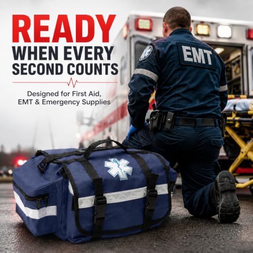 Image of NOVAMEDIC NM-RO63P Professional First Responder Bag, 17 inch x 9 inch x 7 inch Empty EMT Trauma Kit Carrier with Removable Dividers, Reflective Strips, Water-Resistant Base for Emergency Medical Supplies (Blue)