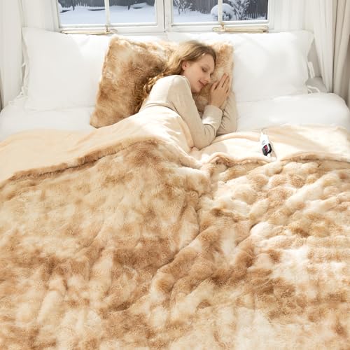 Faux Fur Heated Blanket Full Size 72X84 - Bubble Faux Fur Electric Blanket Fluffy Soft Fuzzy with 6 Fast Heating Levels & 10 hrs Timer Settings Washable & ETL Certified for Bed Tie-Dye Beige