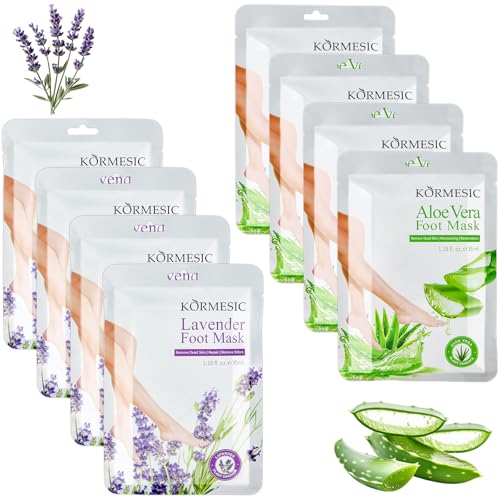 8 mascarillas para pies – Calcetines para pies, mascarilla hidratante para pies, suaviza el talón seco y rasgado, pies ásperos y mejora los callos (4 lavanda y 4 de aloe vera)