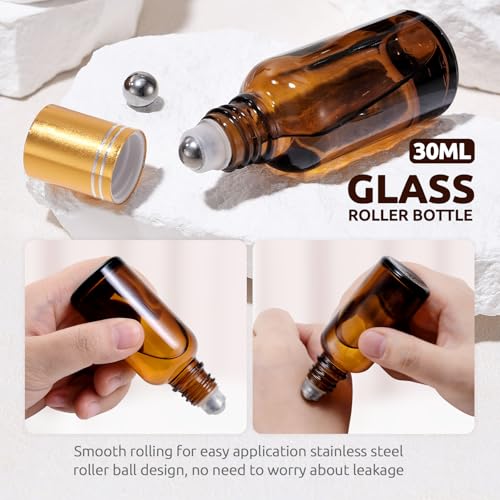 30ml Glass Roller Bottles 4-Pack, Refillable Roll-On Bottles for Essential Oils, Perfume, and DIY Blends with Stainless Steel Rollers-Amber, Golden Cap2