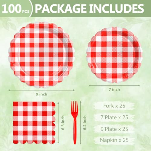 Image of 100 Pcs Red Gingham Paper Plates Disposable Set for Picnic, 25-9 inch&25-7 inch
