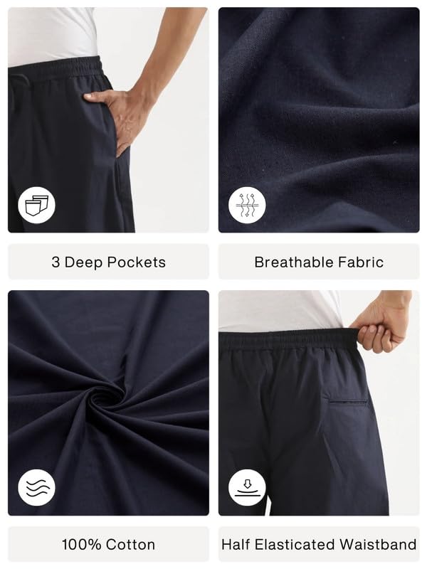 Image of SAADAA Men's 100% Cotton Pants | Mid-Rise Straight Fit Casual Trousers with Elastic Waistband and 3 Pockets | Everyday Wear