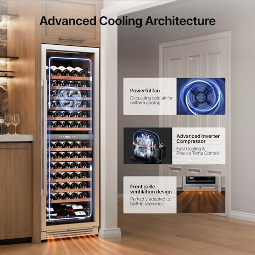 Image of Ca'Lefort 24 Inch Dual Zone Wine Fridge, 155 Bottle Built-In Wine Cooler | 69-Inch Tall Wine Cellar, Quiet Inverter Compressor, 40-65F Temperature Control, Display Shelf, Glide-Out Shelves & Drawer