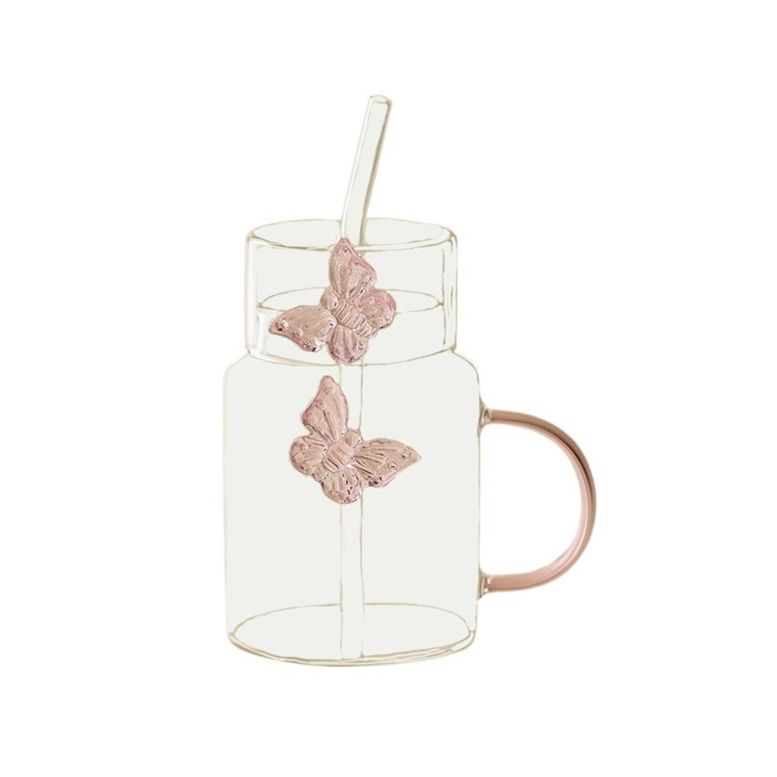 Verres à boire Verres transparents avec papillon rose en 3D, 44 cl (15 oz), verre borosilicate, couvercle et paille, for boissons chaudes ou froides Gobelets en verre