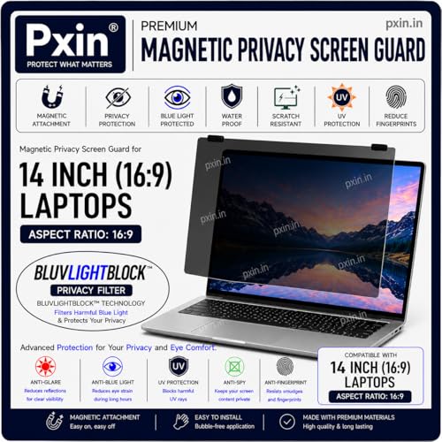 Image of Pxin Nano | 14 Inch (16:9) | Magnetic Privacy Screen | Anti Blue | Anti Glare | UltraThin for Hyper Touch | Anti UV | Nano Privacy Filter compatible with HP /Dell /Lenovo /Asus /Acer