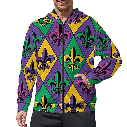 Mardi Gras Fleur De Lis Full-Zip Up Hooded Casual Sweatshirt with Pockets Long Sleeve Sweatshirt Sports Hooded Jacket