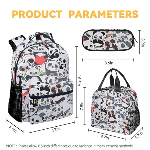 Panda Backpack with Lunch Box Set for Girls, 3 in 1 School Backpacks Matching Combo, Cute Black Bookbag and Pencil Case Bundle4