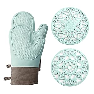 Oven Mitts and Pot Holders Sets, Silicone Heat Resistant 600F, Soft Lining Good Grip, Oven Gloves and Trivet Mats 4 Piece Set, Aqua Sky