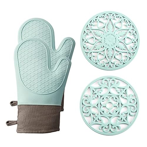 Oven Mitts and Pot Holders Sets, Silicone Heat Resistant 600F, Soft Lining Good Grip, Oven Gloves and Trivet Mats 4 Piece Set, Aqua Sky