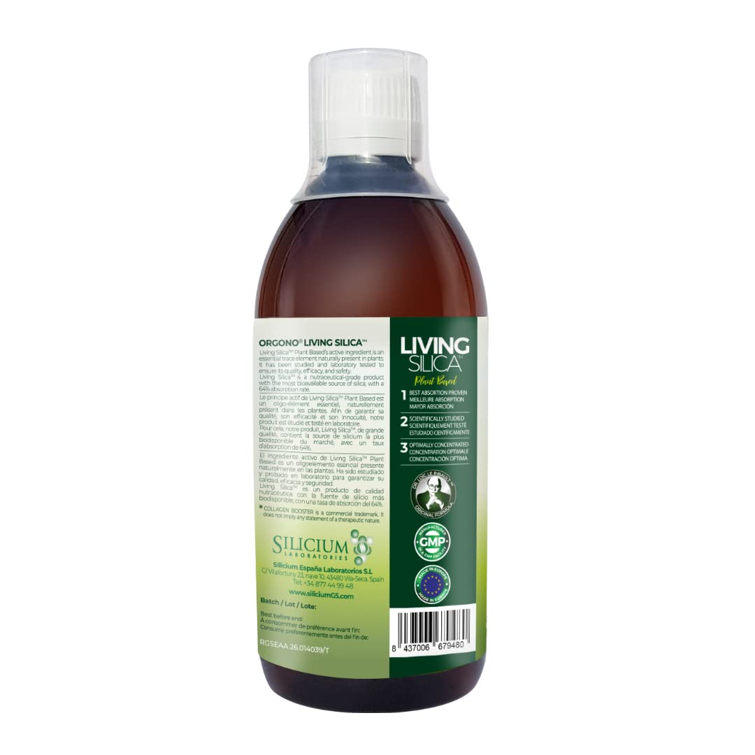 PLANT BASED - ORGONO LIVING SILICA | Silicio | Estimula la Producción de Colágeno y Elastina. Refuerza Articulaciones y Huesos, Mejora el Aspecto de la Piel y Fortalece el Cabello y las Uñas. 500 ml.