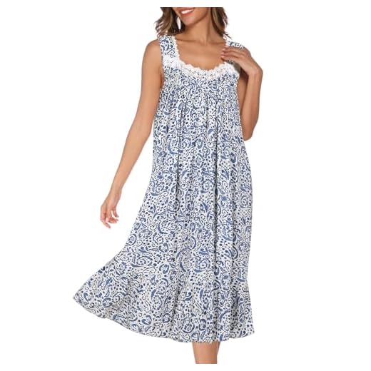AVIIER Camisola de algodão feminina sem mangas, vestido de noite longo com bolsos, P-2GG, Flor branca azul, P