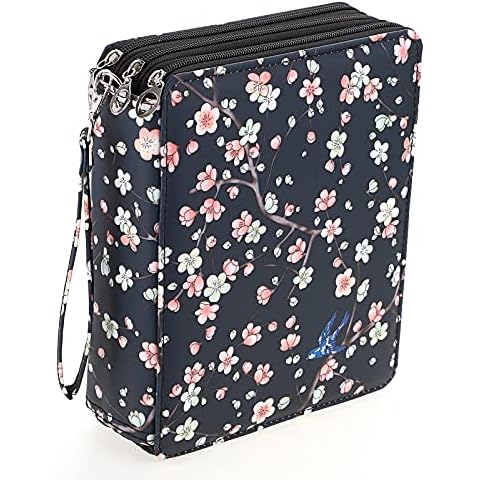 BTSKY Colored Pencil Case- 120 Slots Pencil Holder Pen Bag Large Capacity Pencil Organizer with Handle Strap Handy Colored Pencil Box with Printing Pattern(Black+Pink) Cover