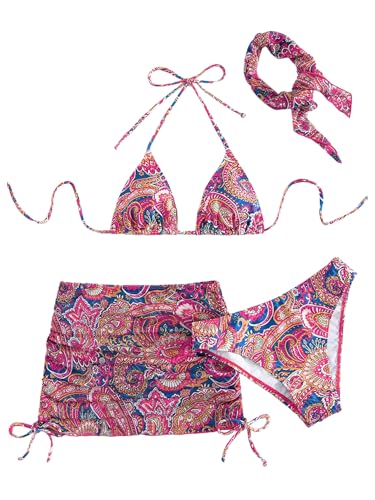 Image of RoseSeek Women's 4 Piece Polka Dots Bathing Suits Cover Up Skirt & Bandana | Halter Bikini Sets, Sexy Bathing Suit, Beach Skirt, Leopard, Paisley, Tropical, Summer