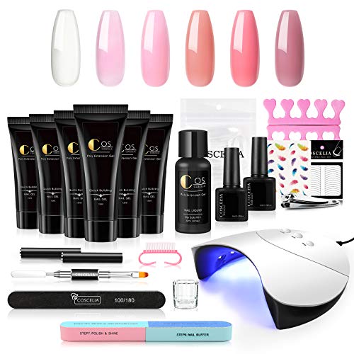 Poly Nail Kits with U V Light Starter Kit 36W LED Lamp 6 Colors Nail Extension Set Nail Enhancement with Slip Solution Top Base Coat French Manicure Naiil Art Kit
