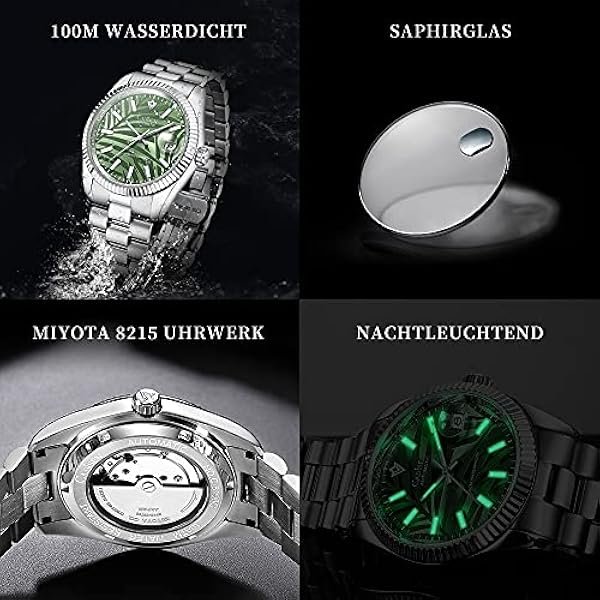 CADISEN automatisk herrklocka med automatisk strömreserv, safirglas, vattentät, rostfritt stålband.