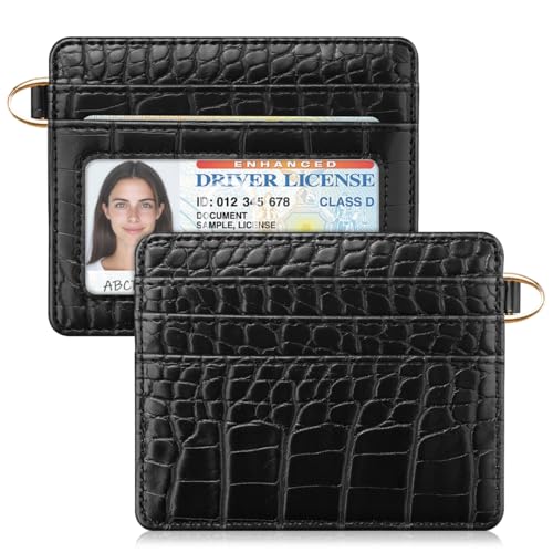Image of Slim Credit Card Holder Crocodile Wallet Women Thin Wallets | Alligator Print RFID Blocking Minimalist Lightweight Pocket Small Cute Cards Holders ID Window, Black Croc
