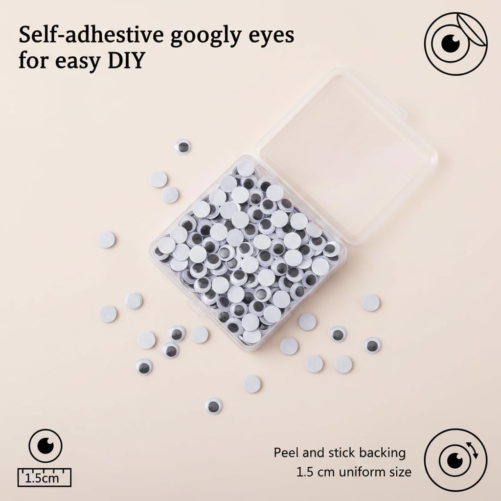 LIAOKAITOU Self Adhesive Googly Eyes, 200PCS, 15mm, Black and White | Wiggly Eyes, For Crafts, DIY Art Projects, Doll Making, Handmade Craft Supplies