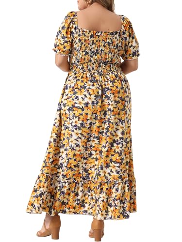 Image of Agnes Orinda Plus Size Dress for Women Short Sleeve Shirred Square Neck Floral Maxi Long Dresses