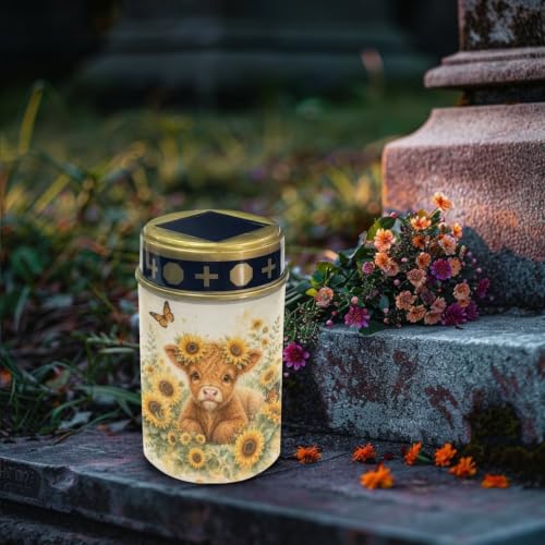 Image of Poceacles Solar Lights Outdoor Waterproof Grave Lights for Cemetery LED Flameless Candle Cemetery Solar Pillar Candles Outdoor Decor, Highland Cow Sunflower Butterfly, Set of 6