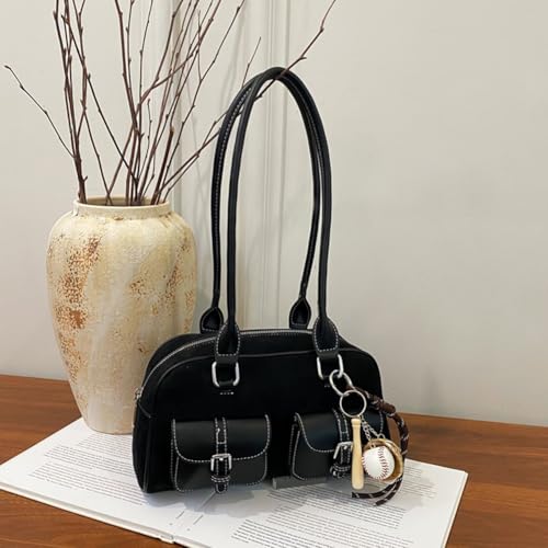 Suede Shoulder Bag Retro Top Handle Bag Y2k 90s Multiple Pockets Handbag Faux Leather Underarm Purse With Pendant4