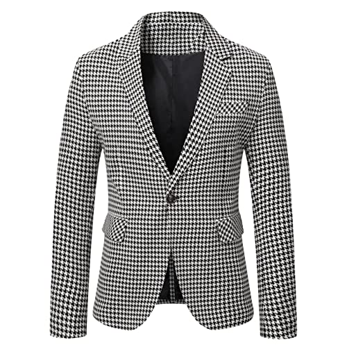 Men's Houndstooth Blazer Casual One Button for Groom Dinner Jacket