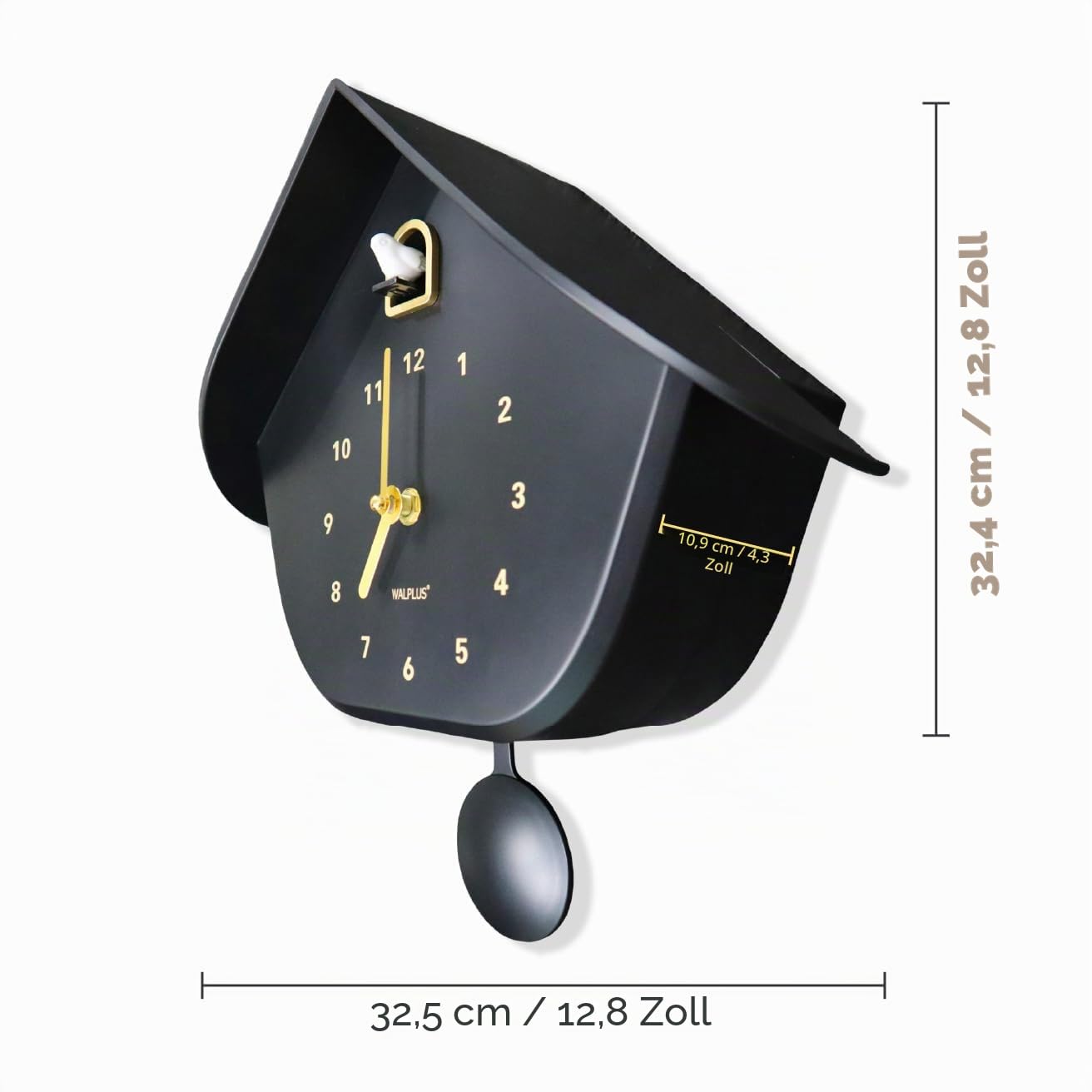 WALPLUS Schwarz Kuckucksuhr Modern mit Stundenruf Einstellbarer Lautstärke Singender Vogel Kuckucksuhr mit Lautlosem Modus Batteriebetriebene Kuckucksuhr Pendel für Wanddekoration