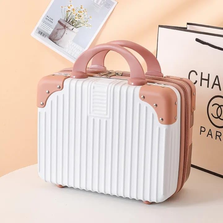 Image of Portable Hard Shell Cosmetic Bag Travel Case, Small Travel Hand Luggage with Elastic Band, Mini Abs Carrying Makeup Case Suitcase (B-White & Rose)