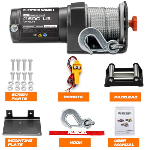 Image of RUGCEL 2500LB 12V Electric Winch for ATV UTV, with Roller Fairlead & Mount Plate
