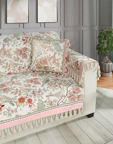 Image of ishro home Premium Sofa Cover 1 Seater Protecter with 2 Handle Covers - Soft European Standard Fabric, Frill Design, Machine Washable | (Gul-o-Parinday, 1 Seater)