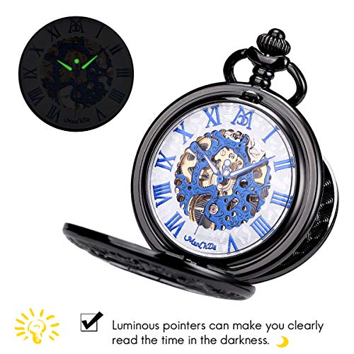 Image of ManChDa Mechanical Roman Numerals Dial Skeleton Pocket Watches with Box and Chains for Mens Women
