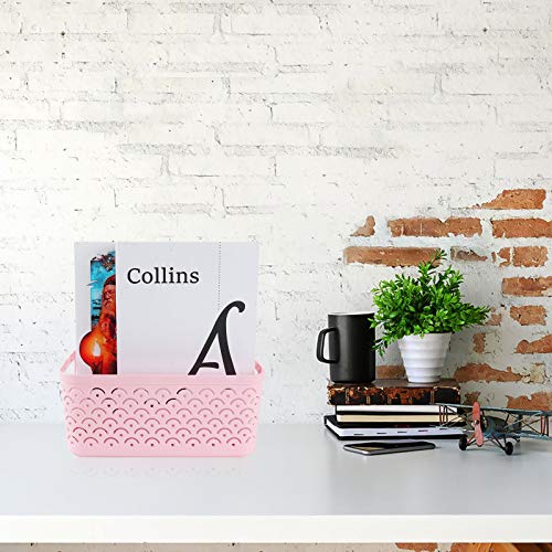 Starvast 5 Pack Plastic Storage Baskets, Portable Pink Fish Scale Pattern Hollow Desktop Storage Bin Box With Handle For Kitchen, Bathroom, Kids Room Or Nursery Storage – 9.4 X 7.1 X 4.1 Inches #TOP6