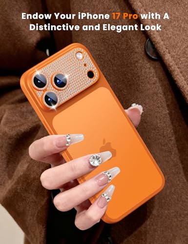 Image of Hoerrye Bling Diamond Camera Lens Protector for iPhone 17 Pro - [1:1 Full Coverage][Strong Adsorption] 9H+ Tempered Glass Screen Protective Cover Case Friendly,Glitter Orange